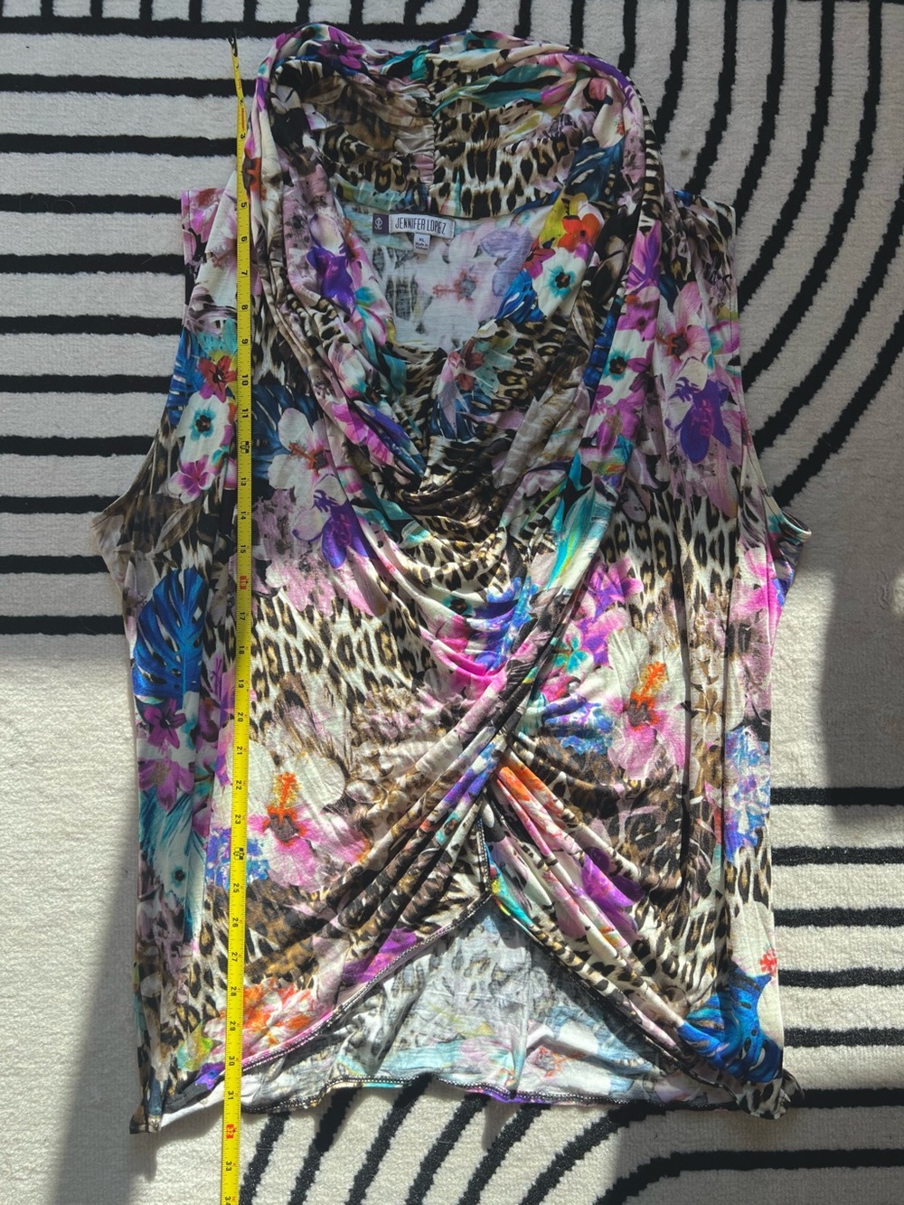 Jennifer Lopez Y2K Aesthetic Leopard Floral Draped Sleeveless Top - Multicolor - Picture 7 of 8